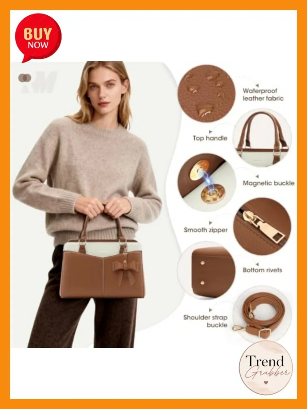 Women's PU Leather Structured Satchel Purse, 3-Way Carry Work Handbag Fits iPad